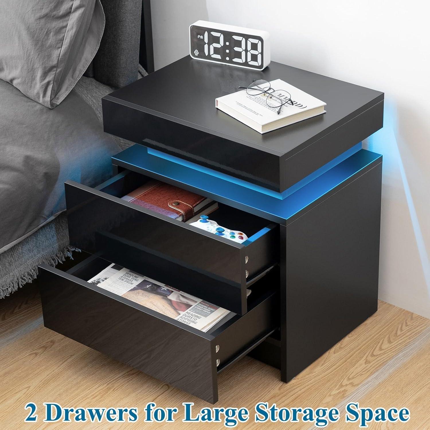 Black High Gloss LED Nightstand with 2 Drawers