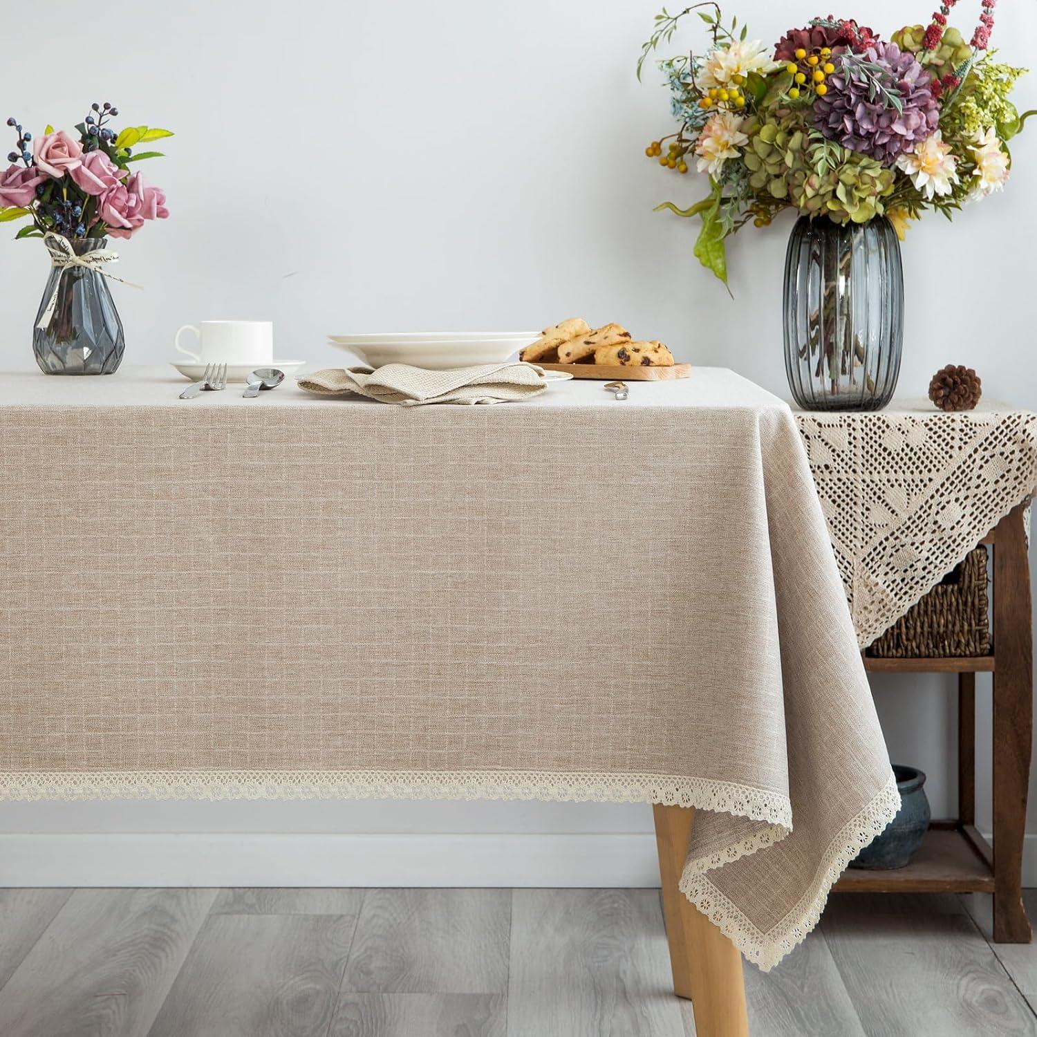 Beige Lace Trim Rustic Linen-Style Rectangular Fabric Tablecloth