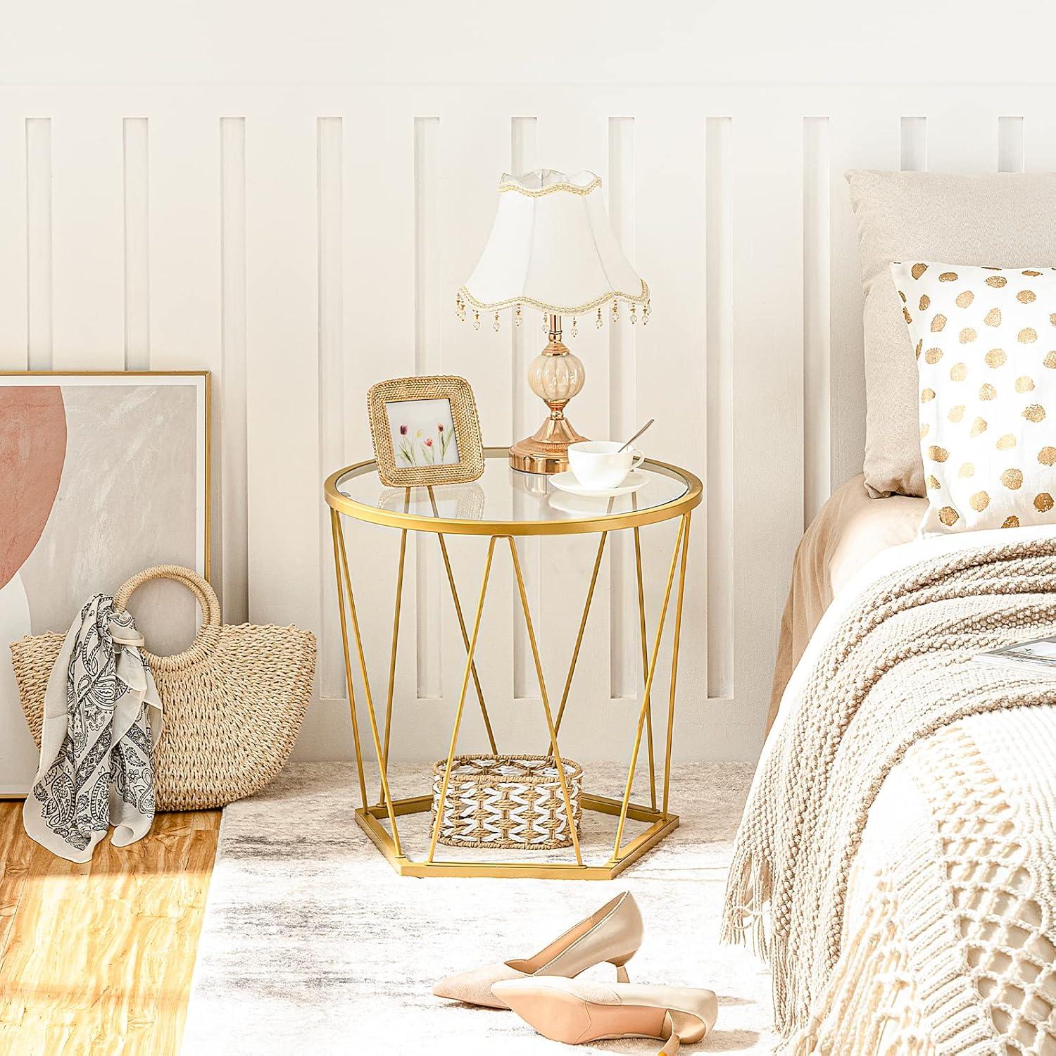 Small Coffee Table Set of 2, Round Coffee End Table with Metal Frame, Glass Top, Gold Side Table for Living Room, Bedroom and Balcony, Modern Style, Gold GD79BZ01