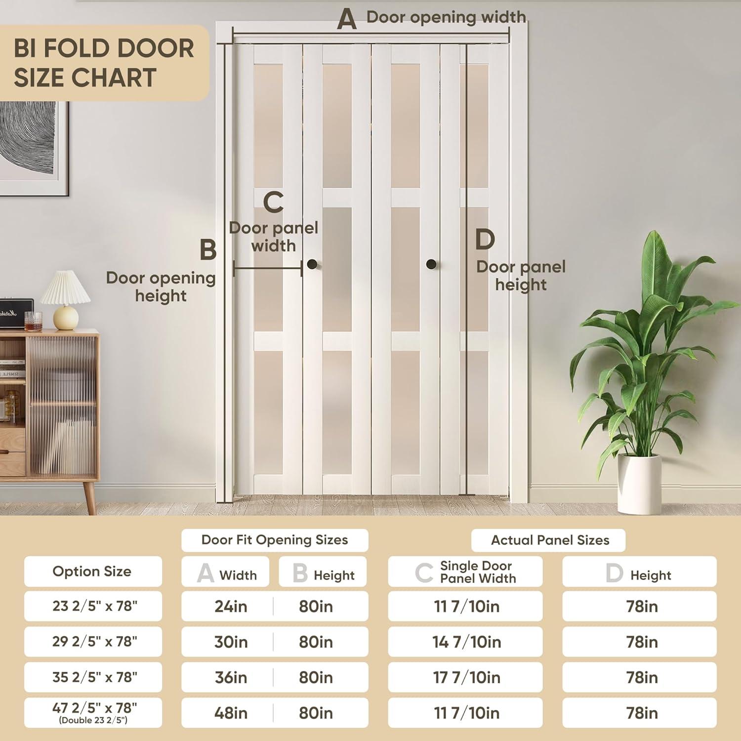 CHIC MODE Double Bifold Doors 3 Lite Frosted Glass Solid Manufactured Wood Prefinished Folding Door