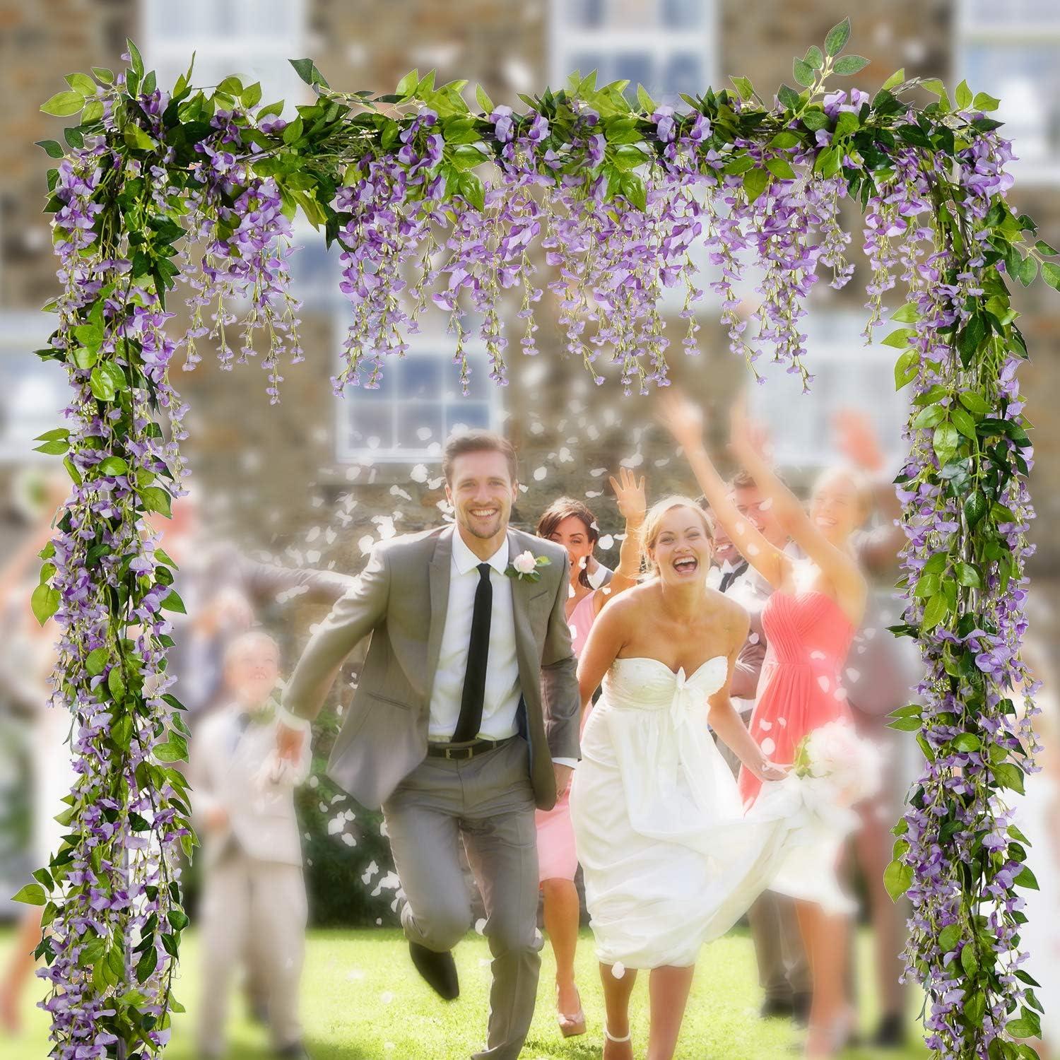 Sinhoon Wisteria Artificial Flowers Garland, 4 Pcs Total 28.8ft Artificial Wisteria Vine Silk Hanging Flower for Home Garden Outdoor Ceremony Wedding Arch Floral Decor (Light Purple)