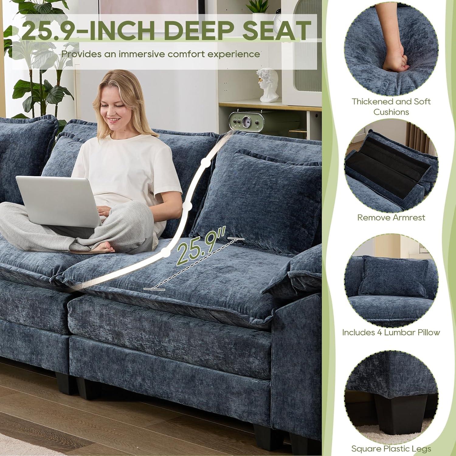 Carbaugh 154" Oversized U Shaped Sectional Sofa, Comfy Cloud Couch Deep Sectional Sofa with Ottomans for Living Room
