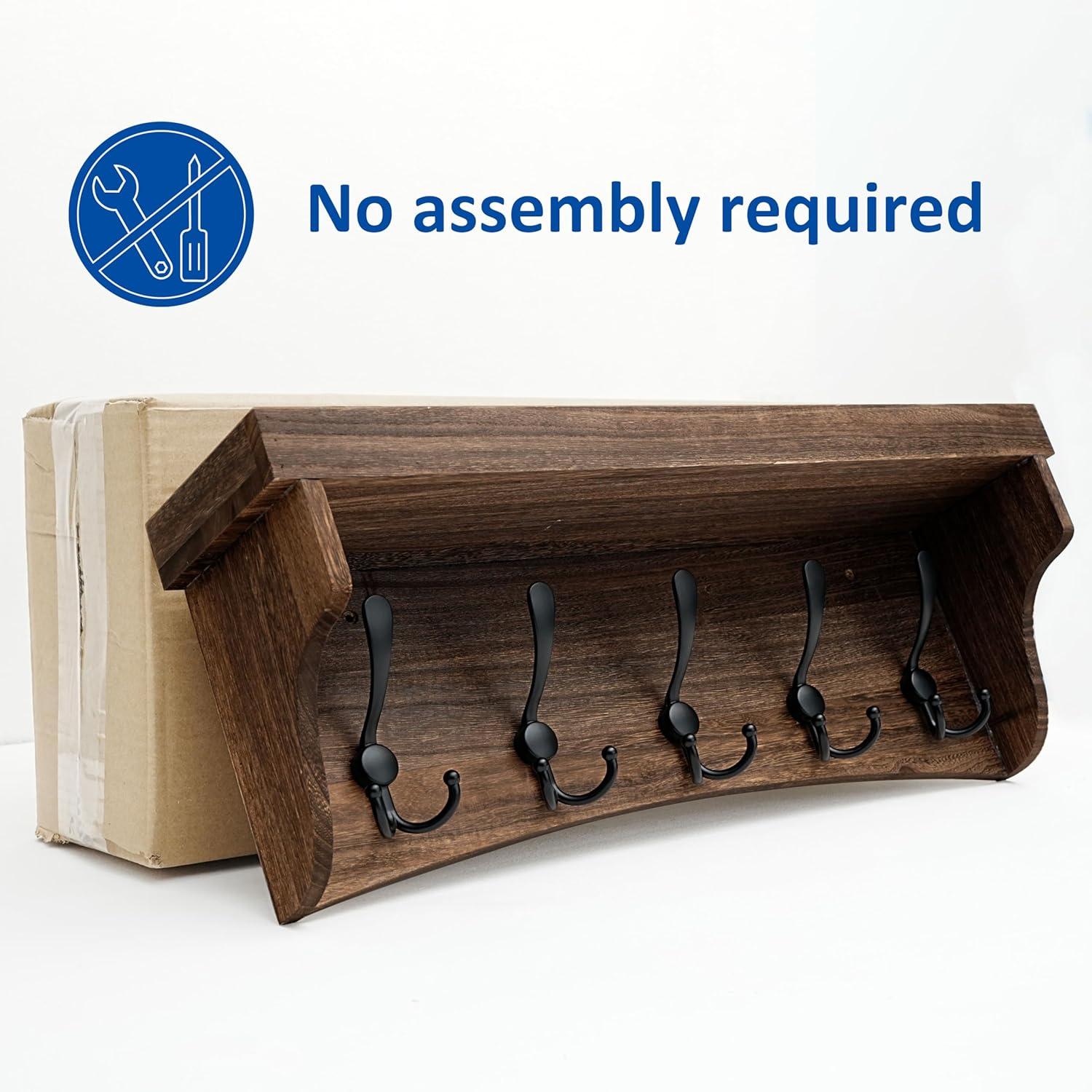 HBCY Creations Rustic Brown Solid Wood Wall Mounted Coat Rack with Shelf, 5 Hooks, 24" Long - Kitchen, Mudroom, Entryway, Bathroom - Includes Mounting Hardware, Coat Hanger, Dog Leash Hooks