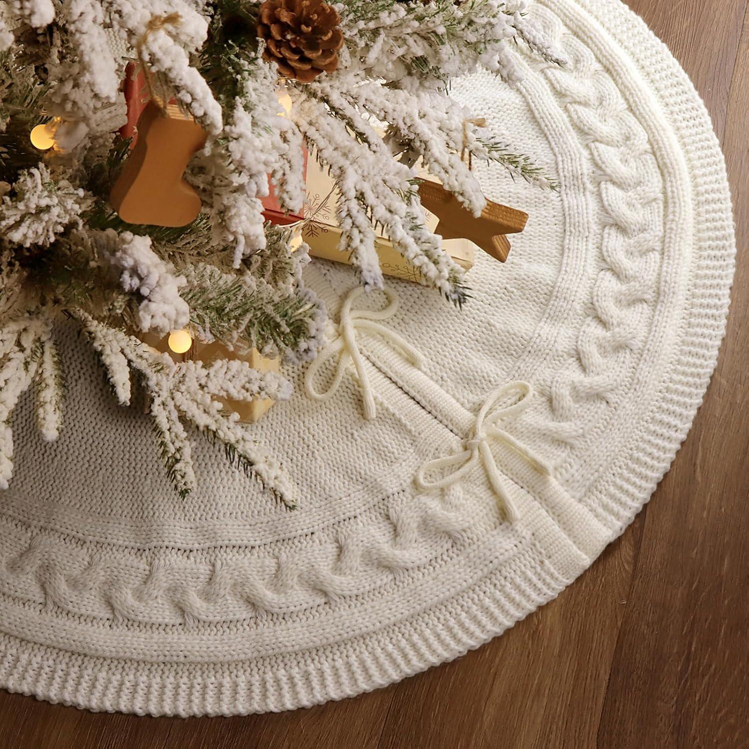 Taotanxi Knitted Christmas Tree Skirt :36 Inches(About 91 Cm)Cream Color White Tree Skirt Woven Twisted Knit Chunky Rustic Christmas Tree Decoration Christmas Holiday Home Party Decoration