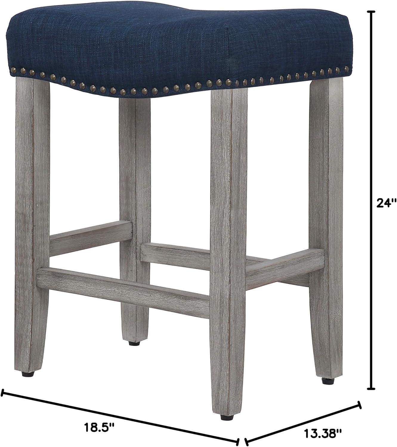 Polytrends Jameson Upholstered Polyester 24" Counter Stool - Gray Legs/ Saddle Seat Antique Gray/Navy Blue Wood Wood Foam 250lbs