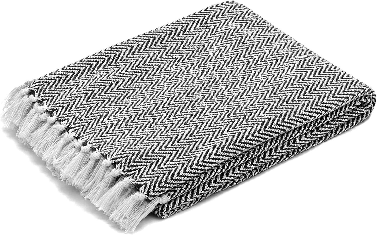 Black and White Herringbone Cotton Throw Blanket with Fringe