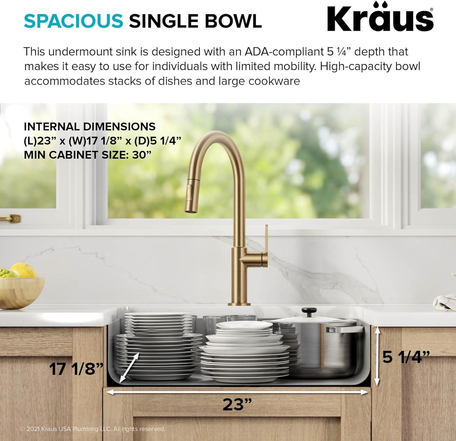 Dex™️ Series KRAUS 25" L Undermount 16 Gauge Stainless Steel Single Bowl ADA Kitchen Sink