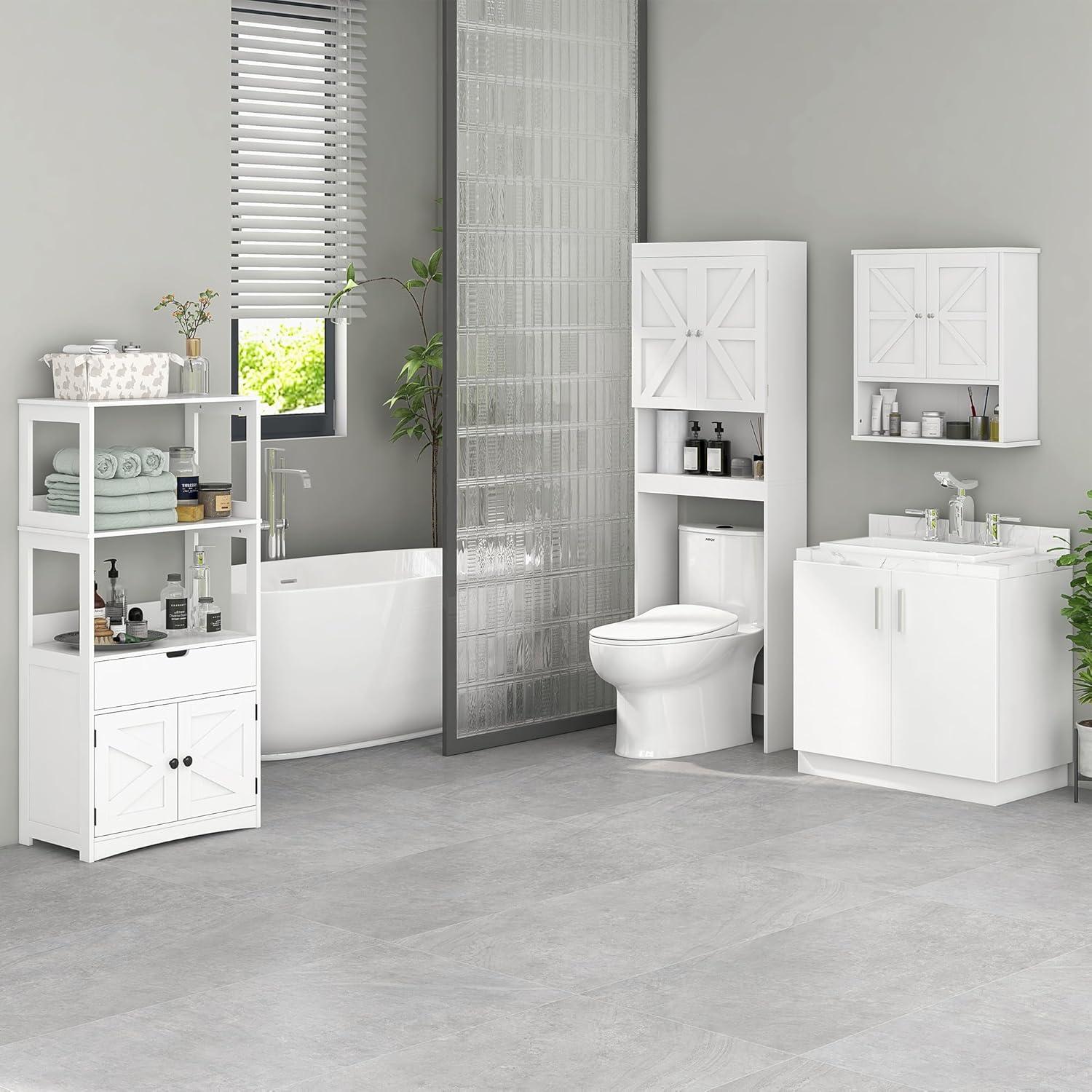 kleankin Bathroom Wall Cabinet, Farmhouse Medicine Cabinet with Open Shelf & Adjustable Shelf, Storage Cupboard for Laundry Room, White
