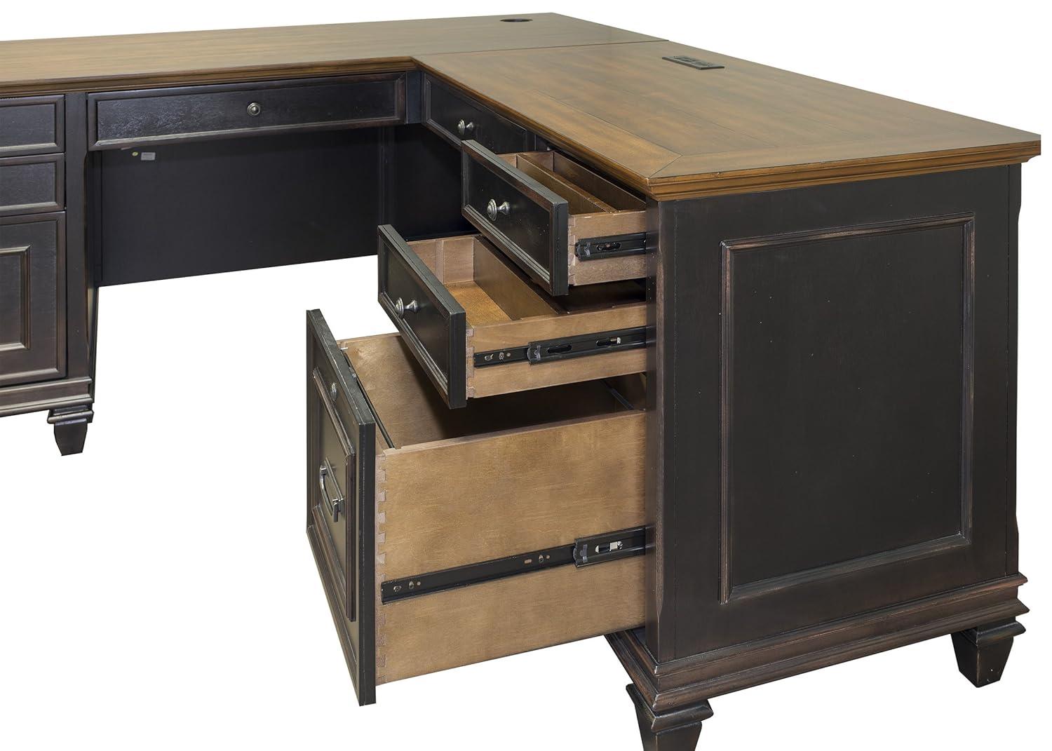 Martin Furniture Hartford L Shaped Pedestal Desk Brown: Executive Office Workstation with Metal Hardware