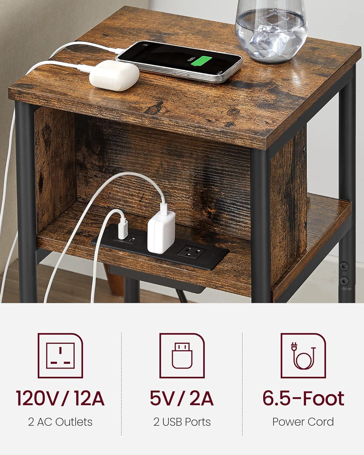 Rustic Rectangular Metal and Wood End Table with Charging Station