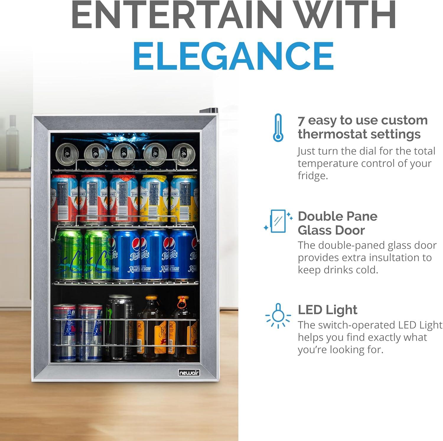 Newair 90 Can Freestanding Beverage Fridge in Stainless Steel, Compact with Adjustable Shelves