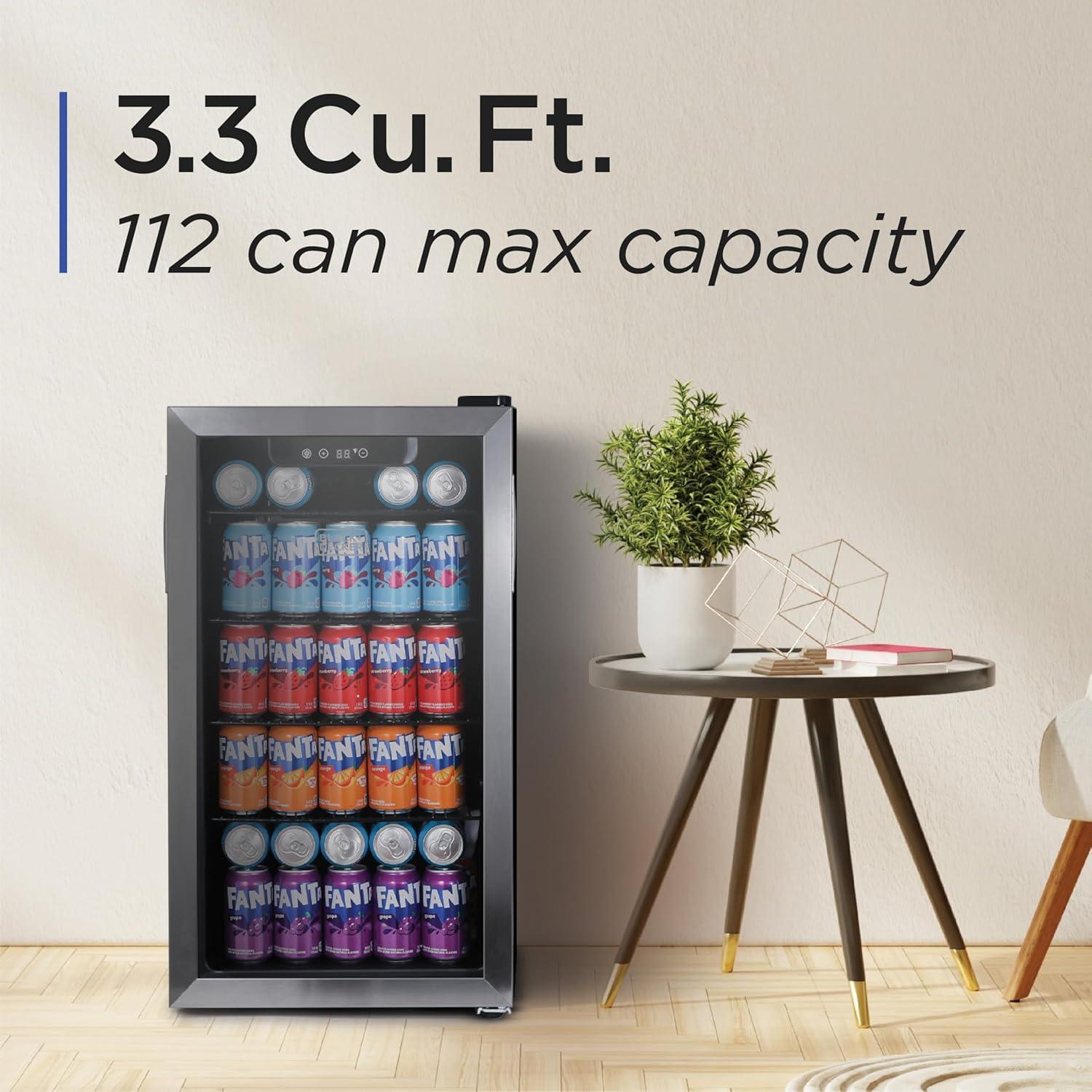 BLACK+DECKER 3.3 Cu. Ft. Beverage Cooler, Beverage Fridge with Double Pane Glass Door, Refrigerator for Drinks with 112-Can Capacity, LED Display
