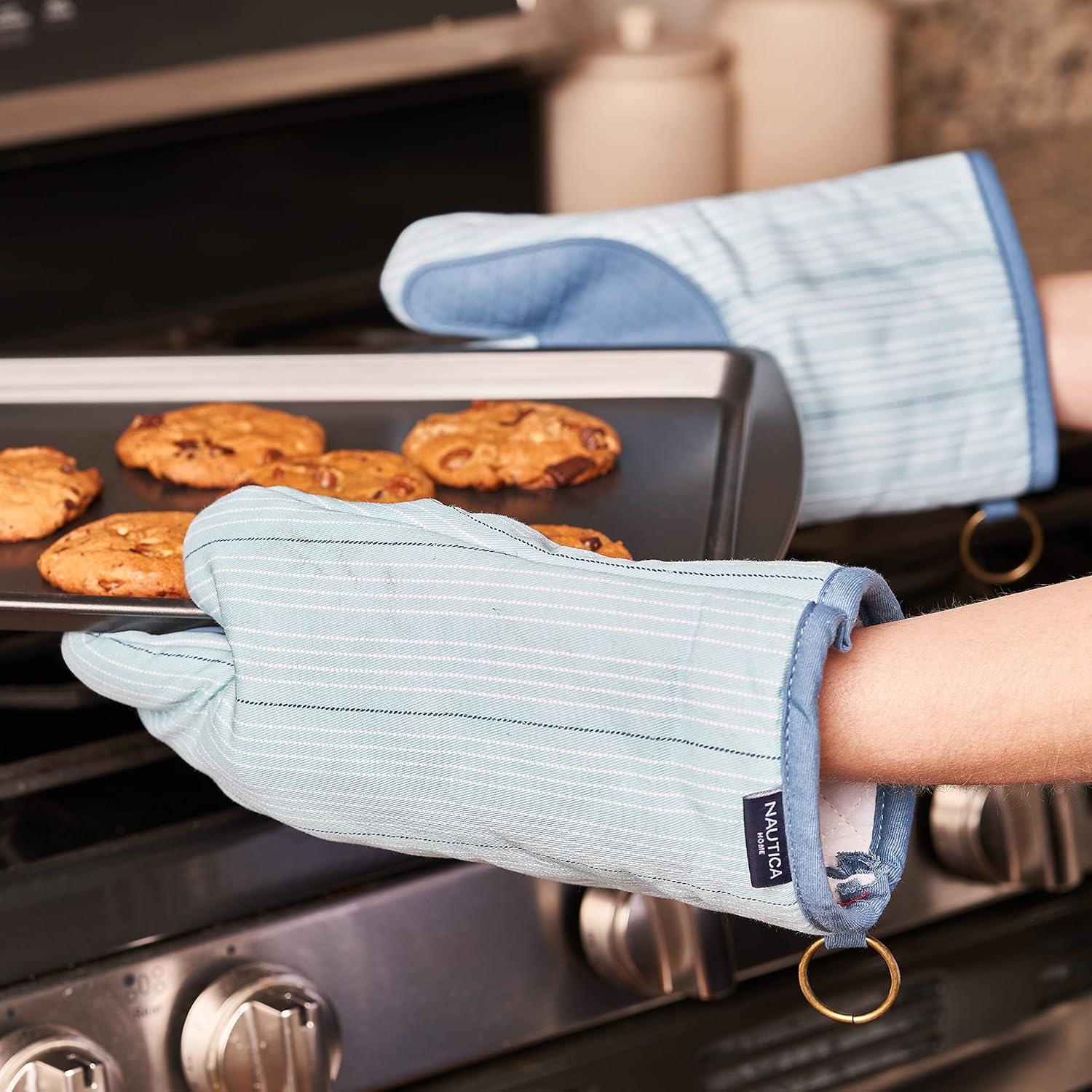 Light Blue Striped Cotton Oven Mitts with Silicone Palm