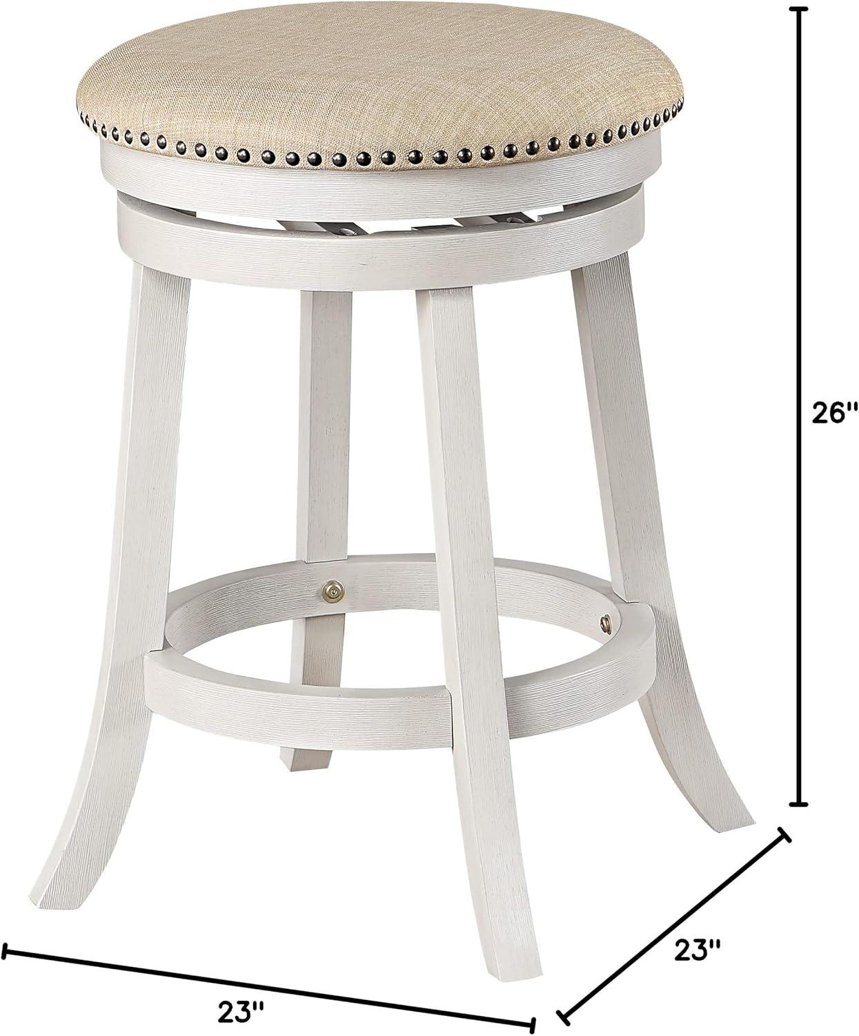 Beige Fabric Round Swivel Stool with White-Wash Wood Finish, 2-Pack