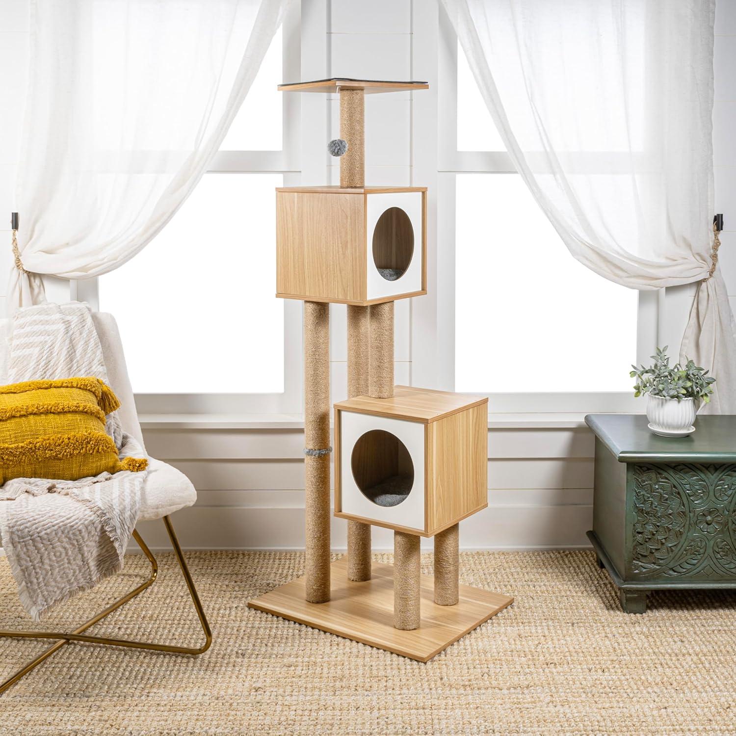 Sawyer 56" 3-Tier Minimalist Jute Cat Tree Condo with Scratching posts, and Fuzzy Toy, Brown/White