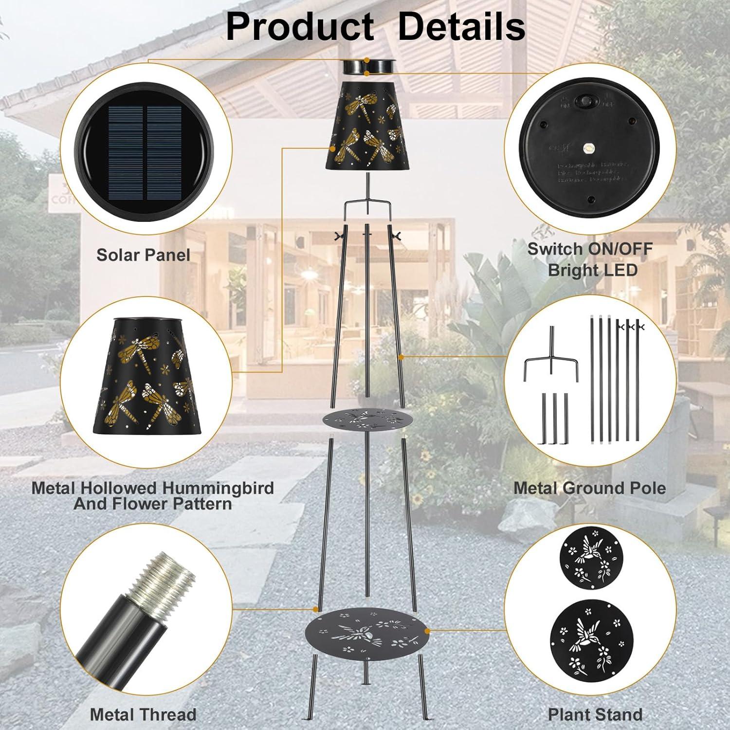TULGIX Outdoor Metal Solar Floor Lamps With 2 Plant Stand