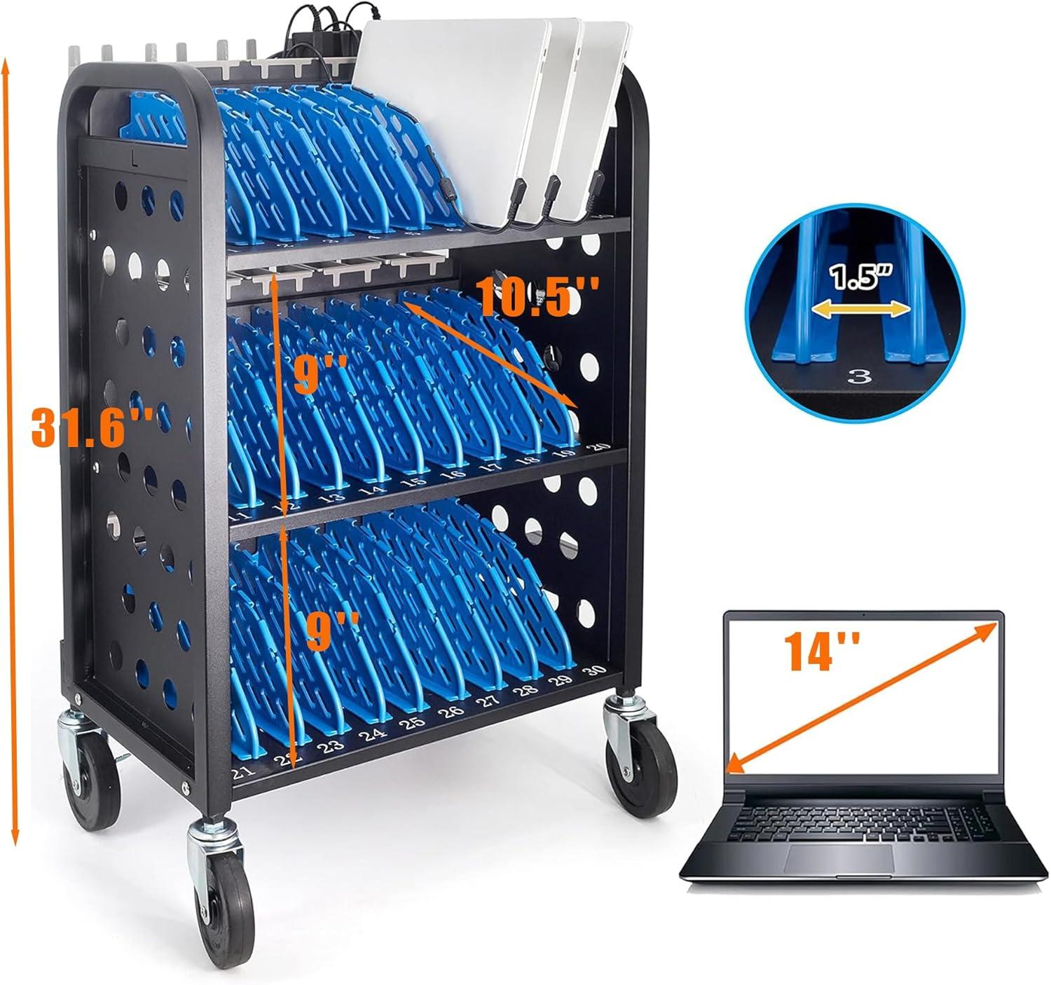 POCHAR 30-Device Chromebook Open Charging Cart, Charging Station Rack for 14" iPad, Laptop - Tablet Organizer Station for Classroom - Laptop Storage Cart with Cable and Charger Organization