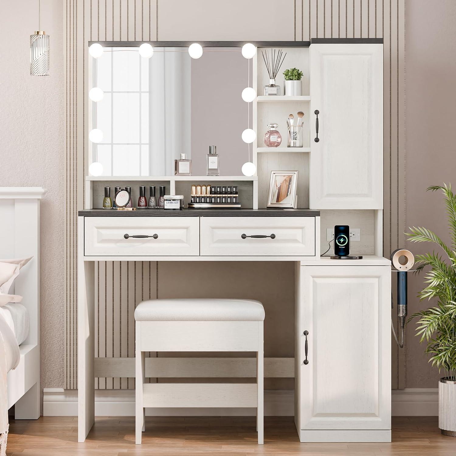 Hommpa Vanity Set with Mirror, Girls Makeup Vanity with  LED Lights, White Vanity Desk with Drawers, Vanity Table with Charging Station for Women Bedroom Storage