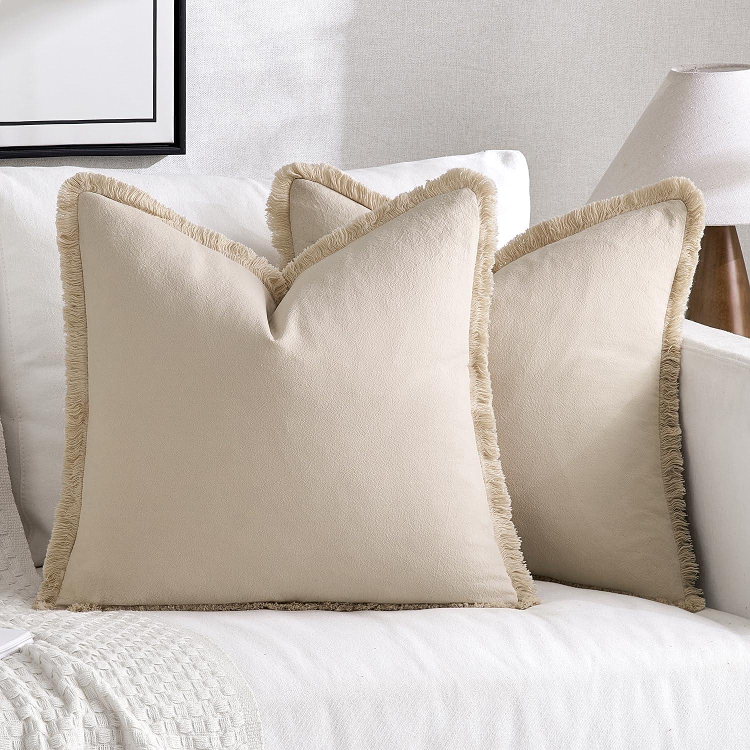 MIULEE Throw Pillow Covers Boho Farmhouse 18x18 Set of 2 Decorative Beige Couch with Fringe Chic Cotton Pillowcases Home Decor Accents for Cushion Soft Bed Living Room