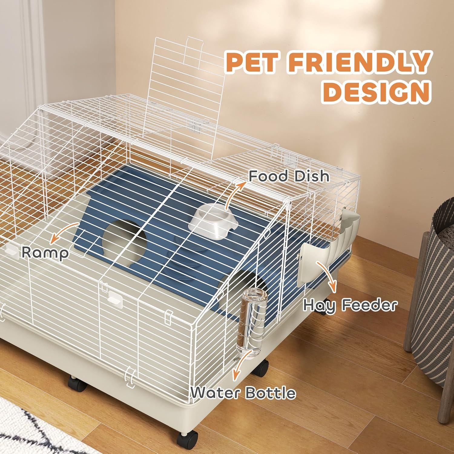 PawHut Small Animal Cage, Rolling Guinea Pig Cage with Water Bottle, Hay Feeder, Food Dish, Ramp, for Rabbits, Hedgehogs, 35" x 35" x 25", White