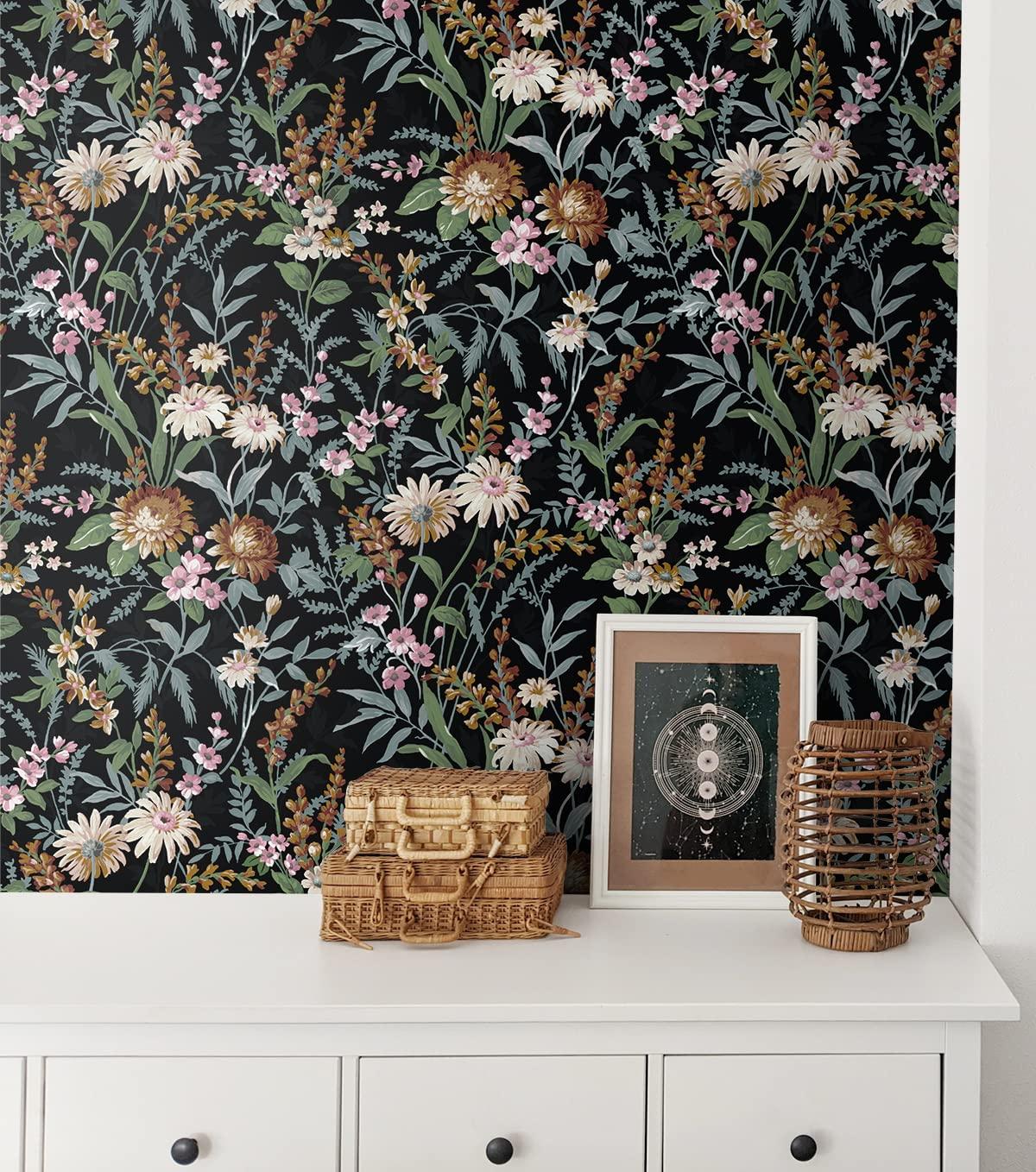 NextWall Vintage Floral Peel and Stick Wallpaper 20.5 in. W x 18 ft. L - Onyx
