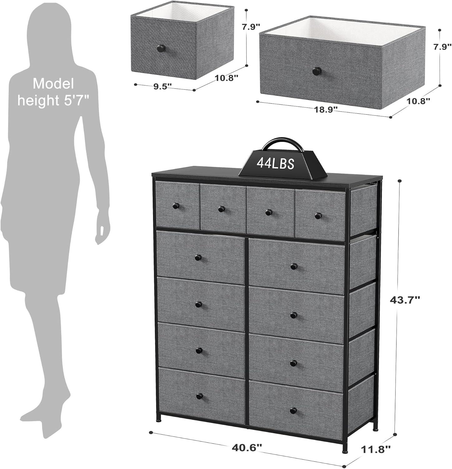 TiaGOC Dresser for Bedroom with 12 Drawers, Large Tall Dressers for Bedroom with Wooden Top and Metal Frame, Bedroom Dresser Dressers & Chests of Drawers Clearance, 40.6" W x 11.8" D x 43.7" H, Gray