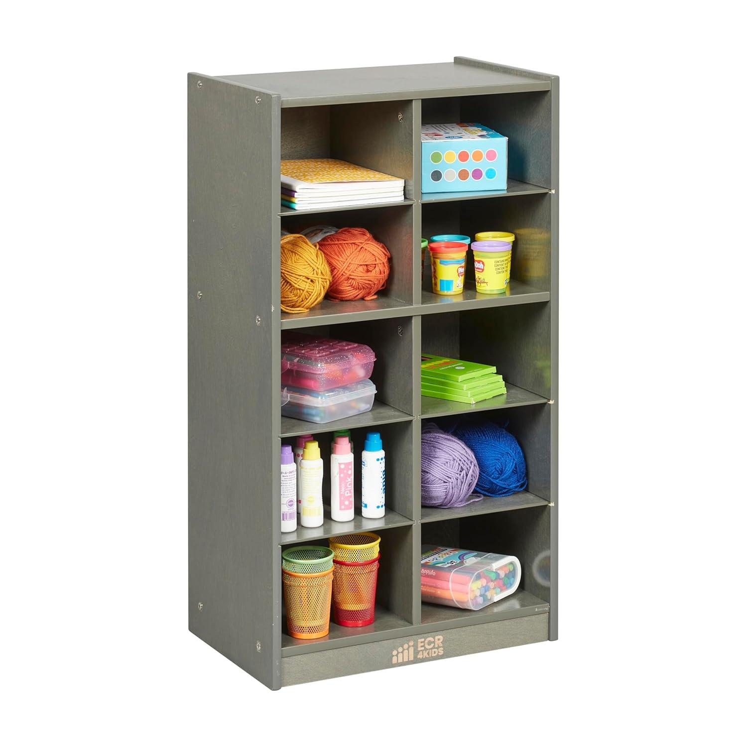 ECR4Kids 10 Cubby Mobile Tray Storage Cabinet, 5x2, Grey Wash