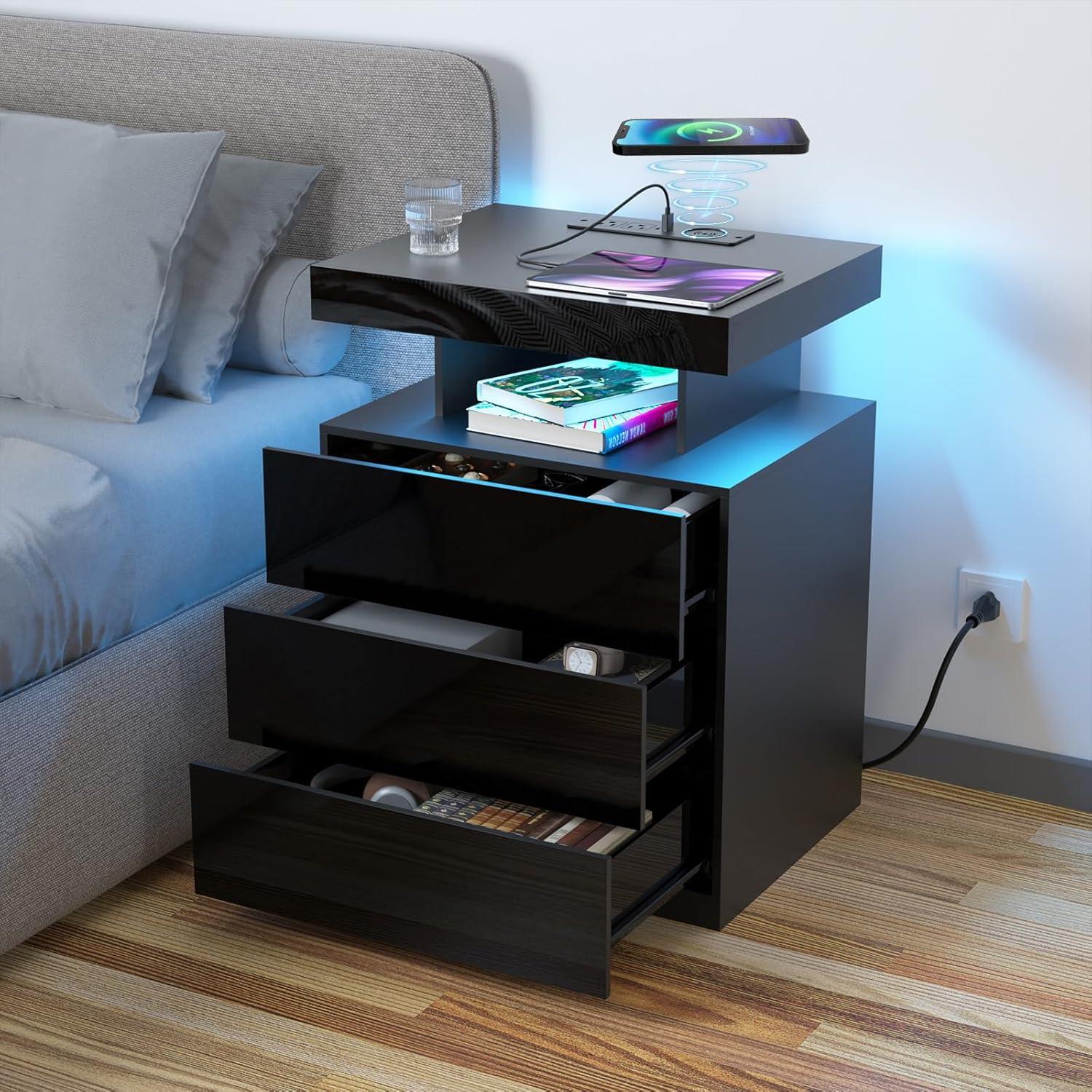 Gebelein Manufactured Wood Nightstand with Wireless Charging Station and LED Lights