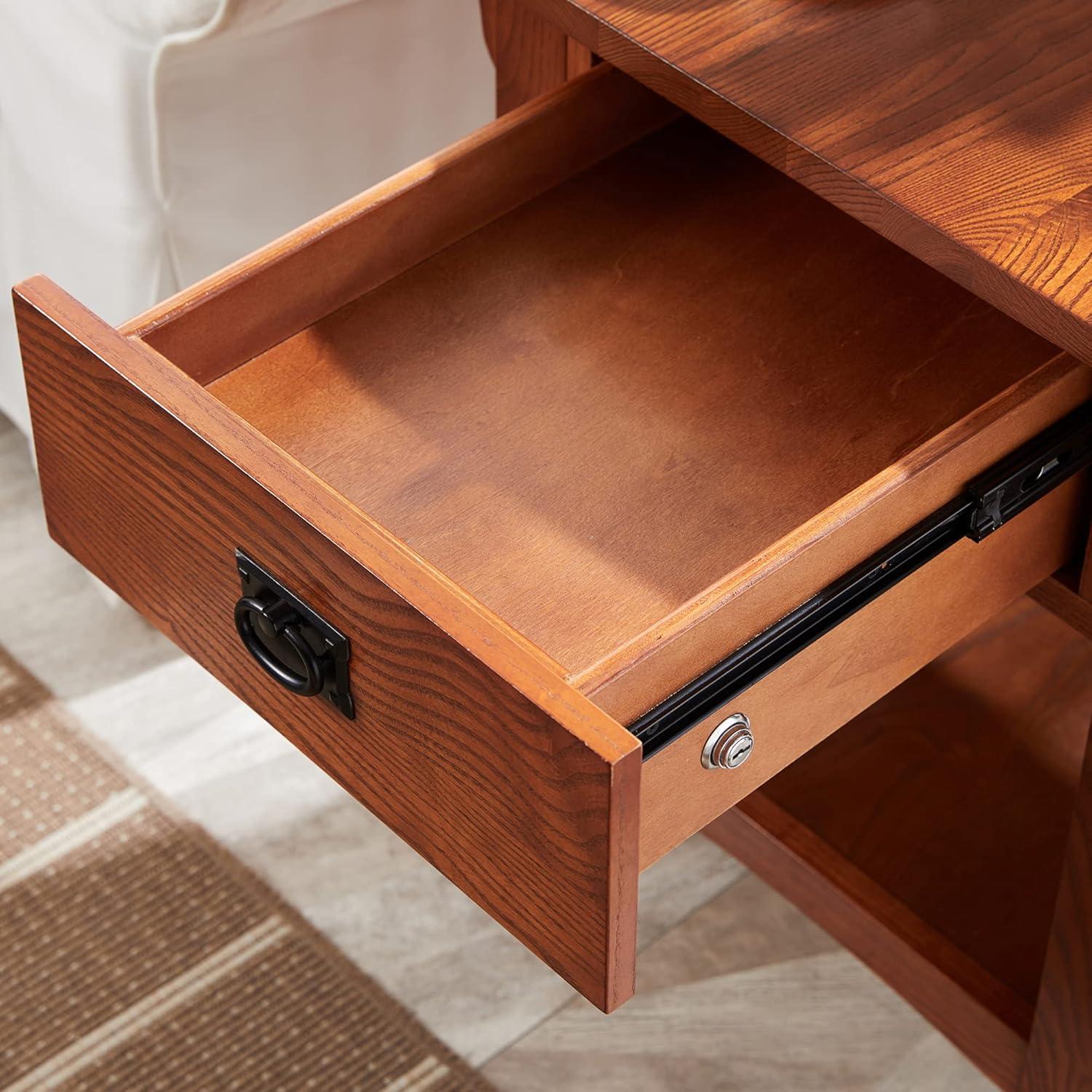 Medium Oak Wood Rectangular End Table with Storage