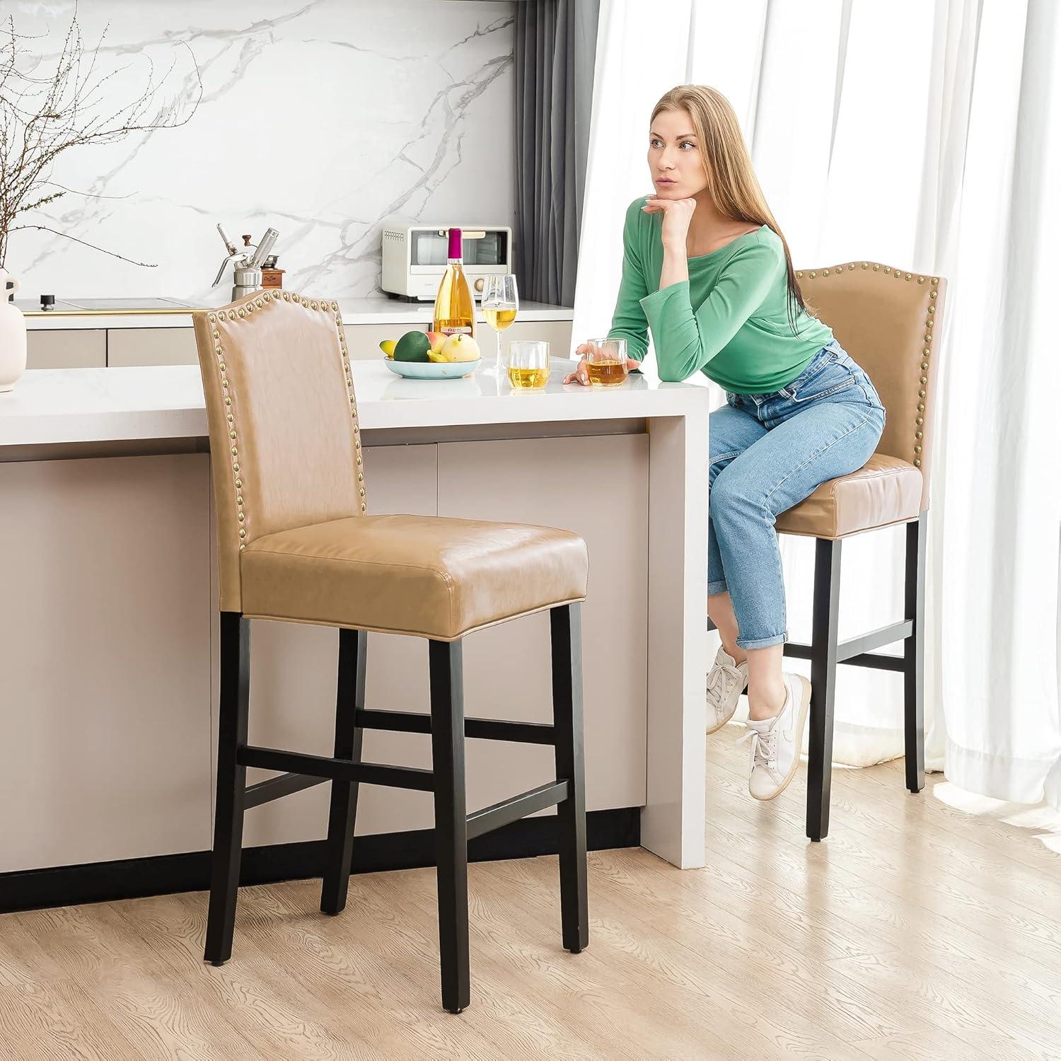 Set of 2 Upholstered PU Barstools with Studded Decor - Glitzhome