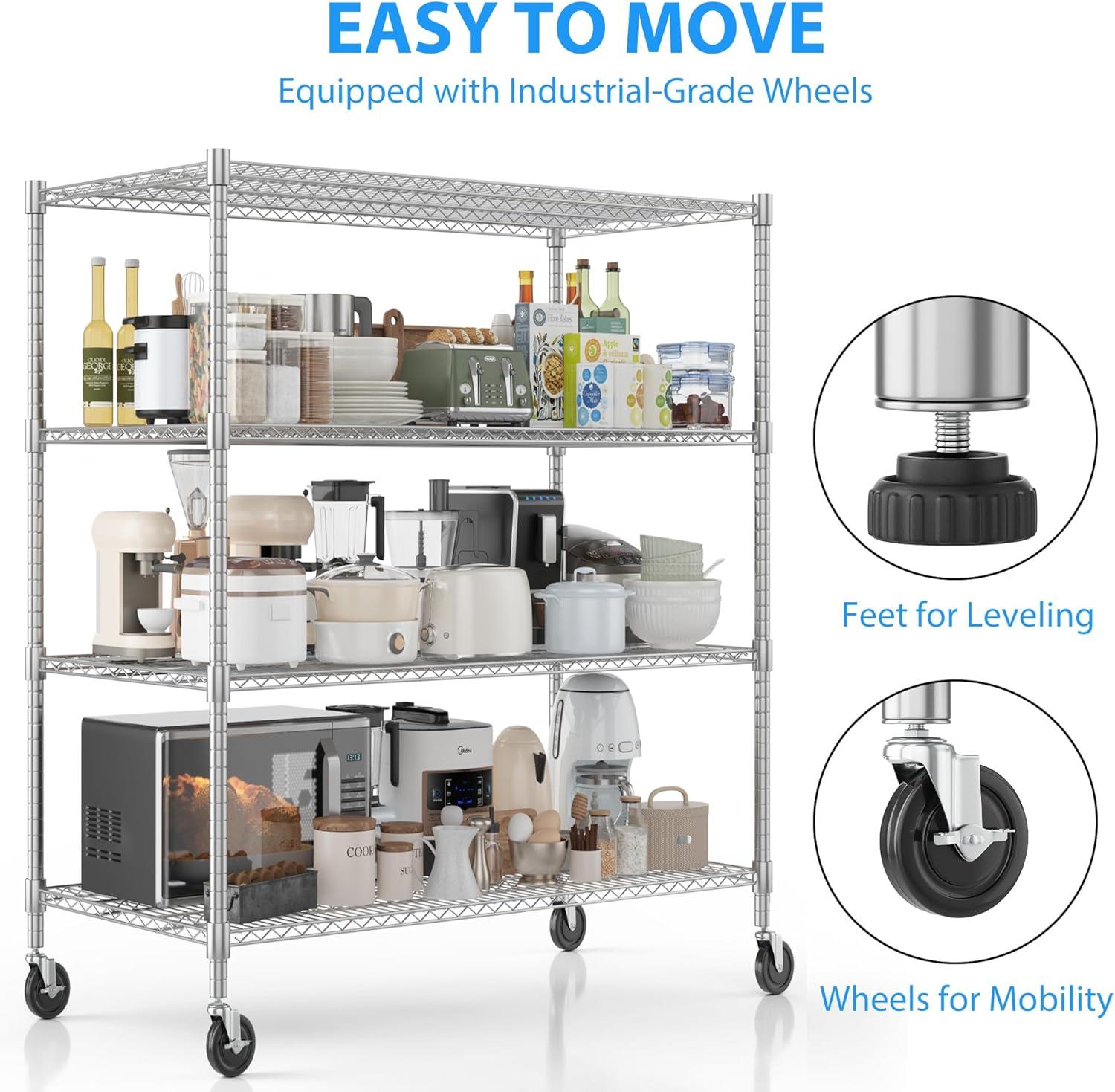 Homdox Heavy Duty Metal Shelves for Storage, 4 Tier Storage Racks and Shelving, Commercial Adjustable Wire Shelving Unit on Wheels, Garage Rack Pantry Shelves Kitchen Shelving, 24"x48"x72", Chrome