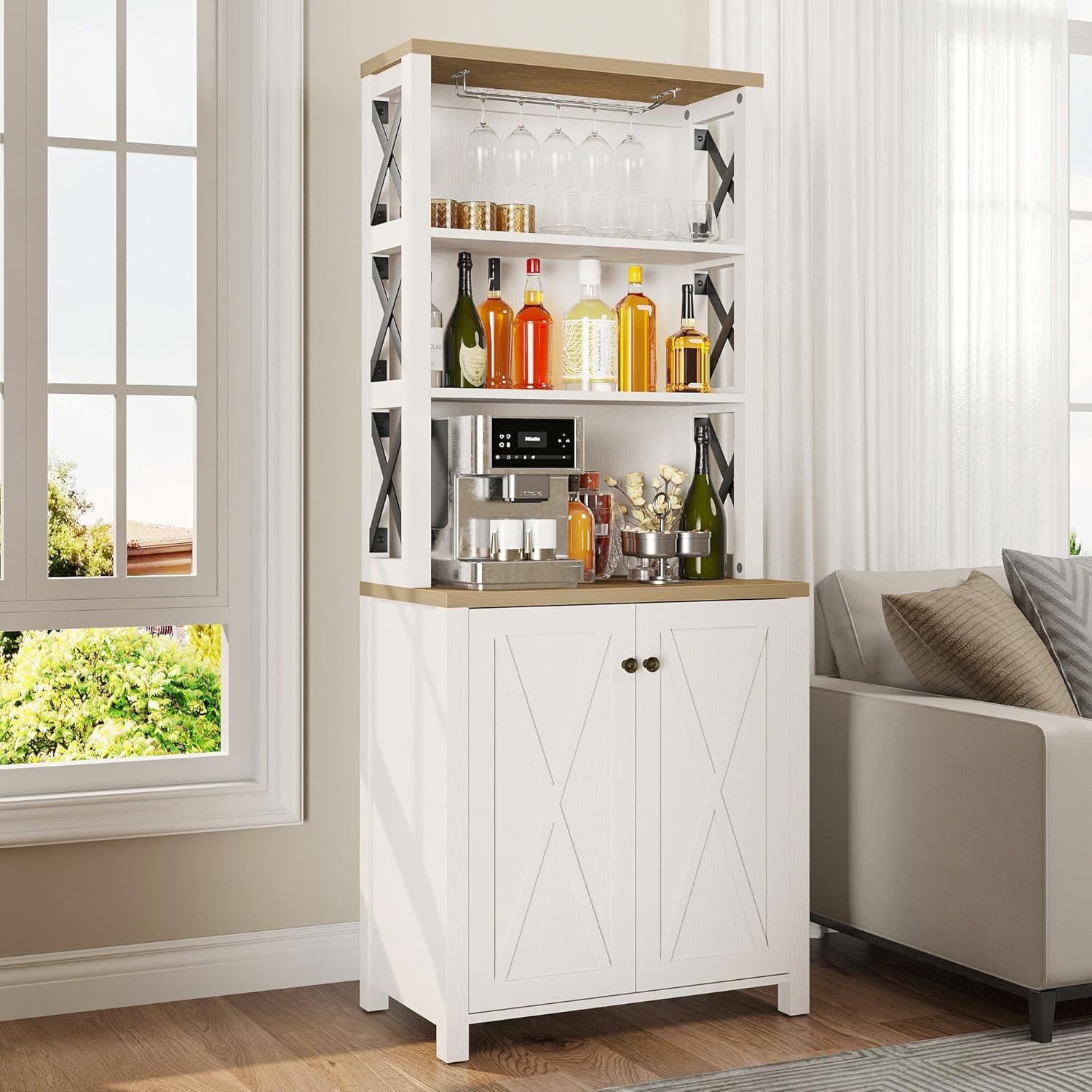 YITAHOME 67" White Farmhouse Tall Bar Cabinet with Wine Rack and Shelves