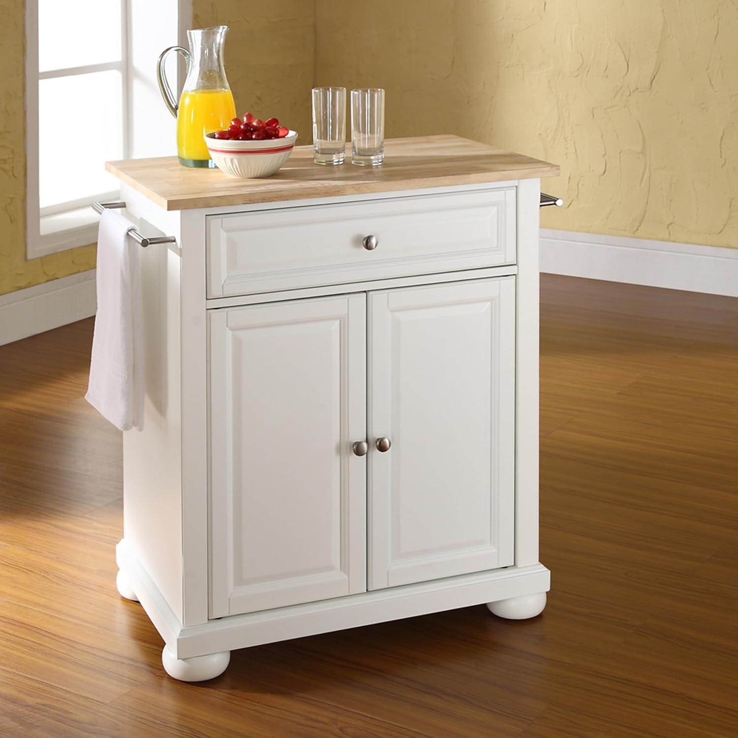 Alexandria Natural Wood Top Portable Kitchen Island - White - Crosley: Hardwood Frame, Adjustable Shelves, Locking Casters