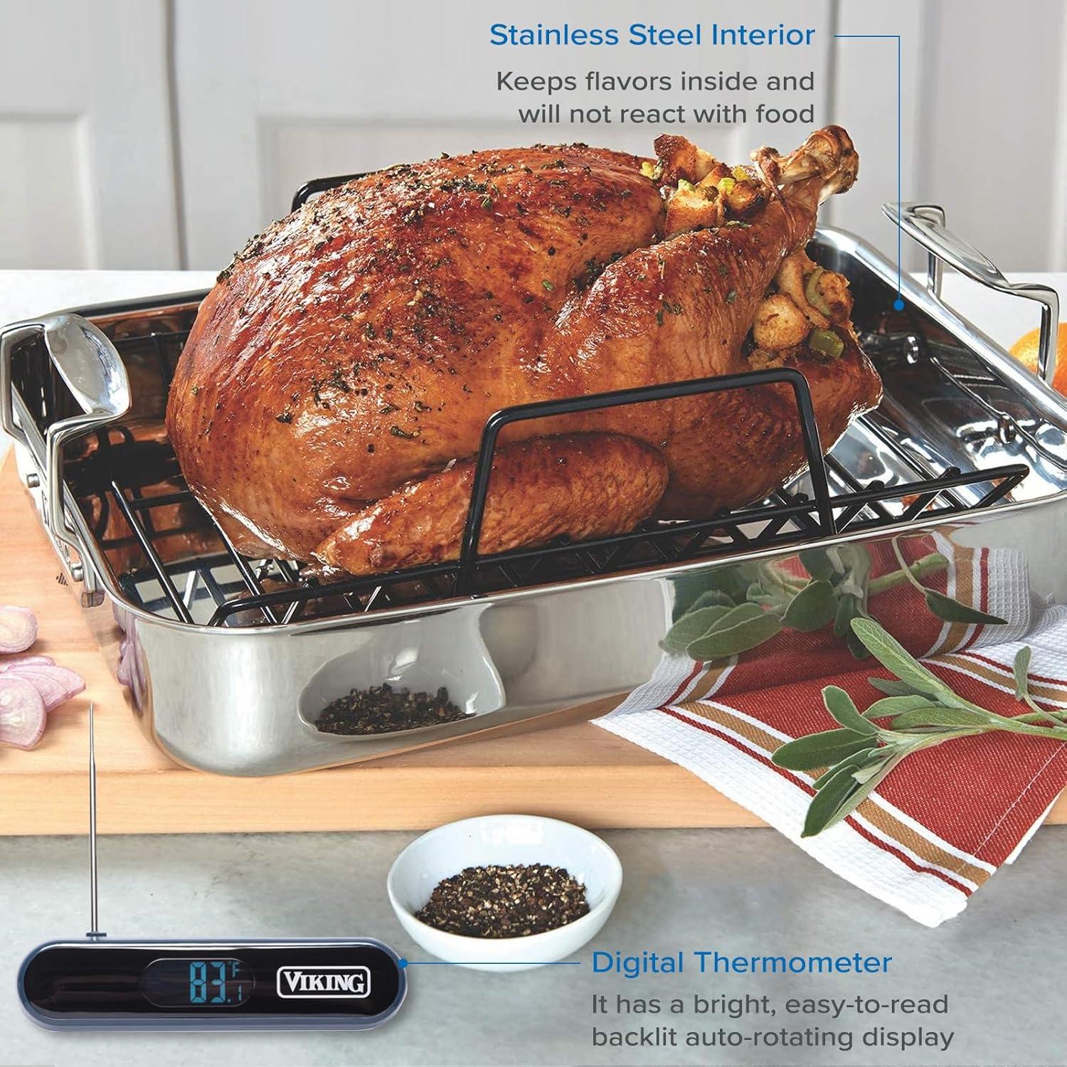 Viking 3 Ply Stainless Steel Roasting Pan with Rack and Thermometer Set