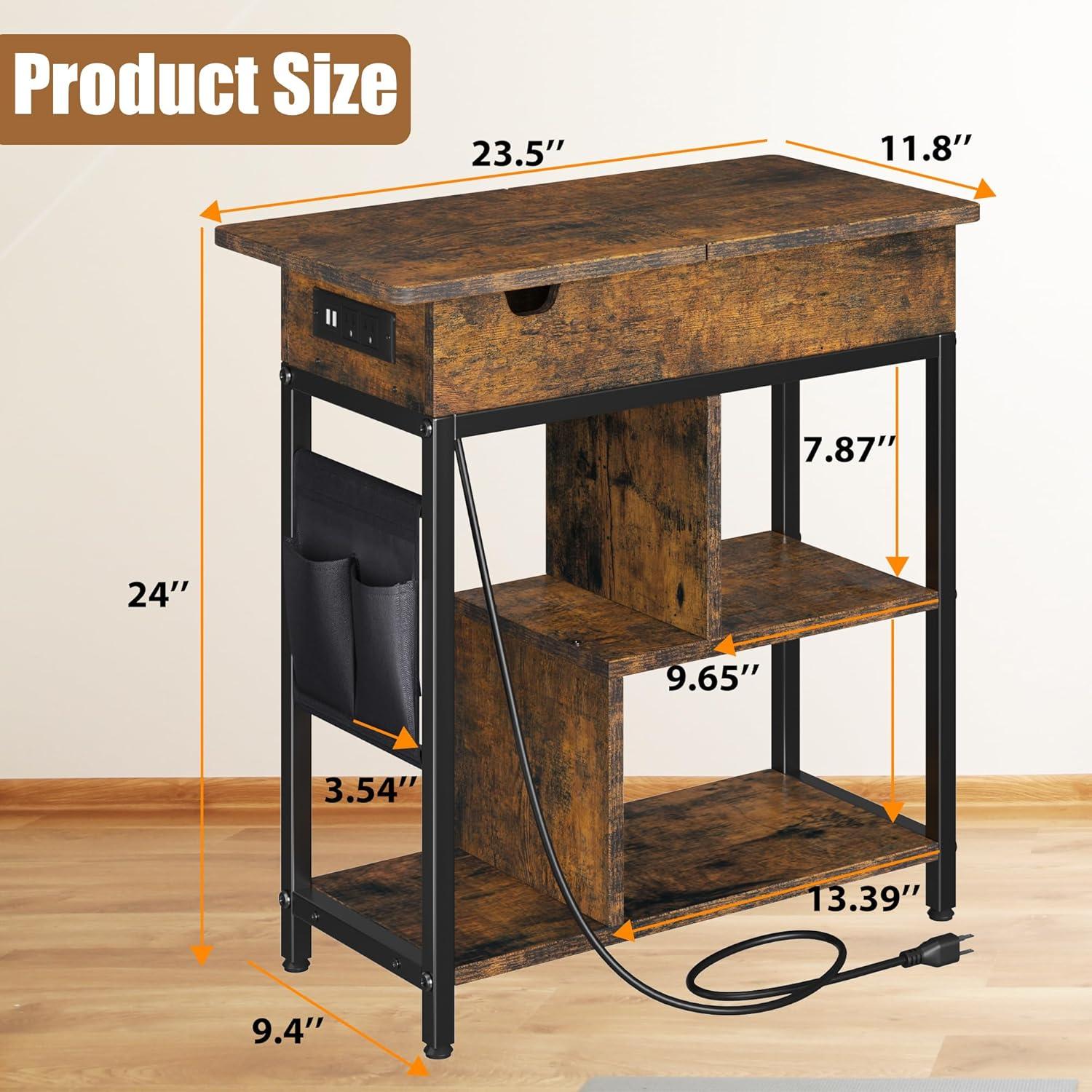 Rustic Brown and Black Side Table with Charging Station and Shelves