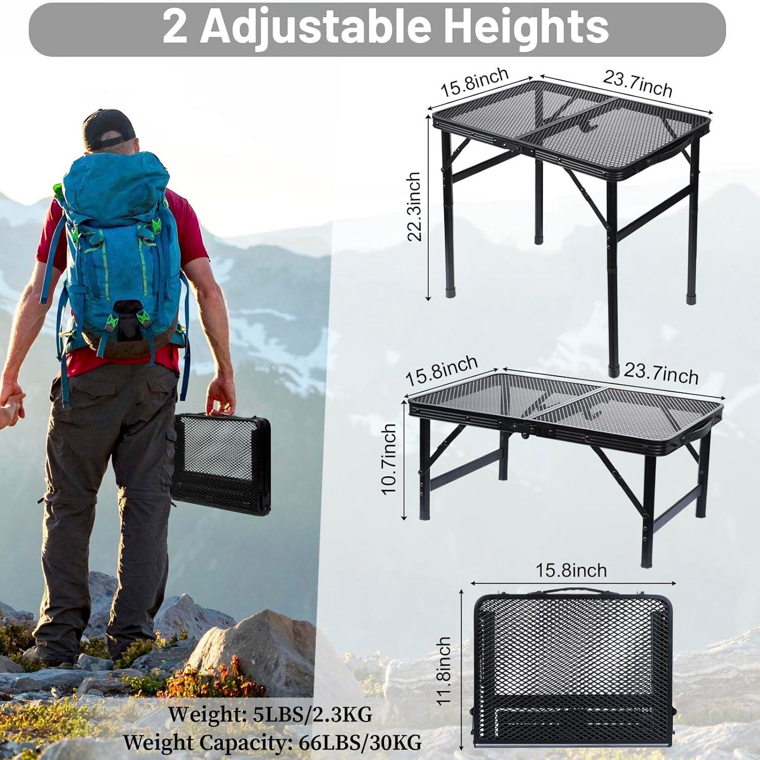 Folding Grill Table Camping Table with Mesh Desktop, Lightweight & Portable Outdoor Picnic Table, Height Adjustable Portable Grill Table for Outside Inside Use