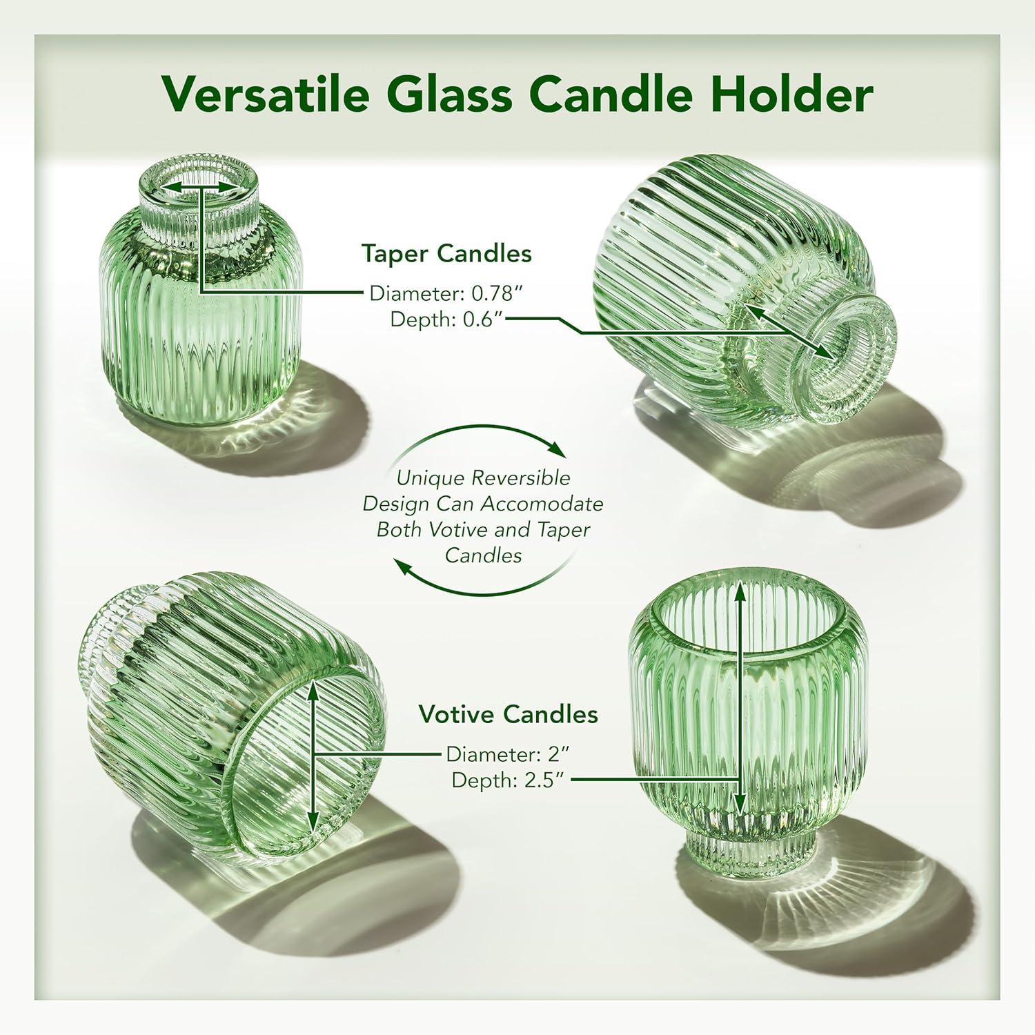 Green Ribbed Glass Reversible Candlestick Holders, Set of 4