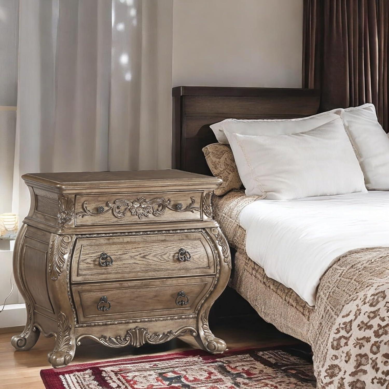 Taroo Clocks 3 Drawers Nightstand in Vintage Oak Finish