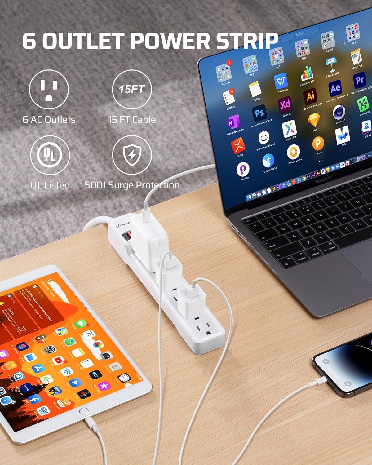 DEWENWILS 6-Outlet Power Strip Surge Protector, 15ft. Extra Long Extension Cord, 500 Joules, Flat Plug, White