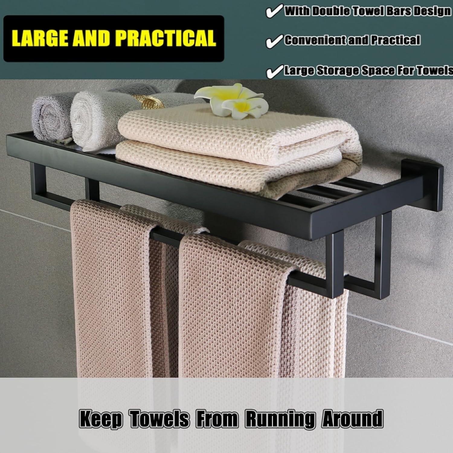 Alise Towel Rack with Double Towel Bar, 24 Inch Towel Racks for Bathroom, Modern Towel Holder for Bathroom Wall, SUS304 Stainless Steel Towel Shelf, Matte Black