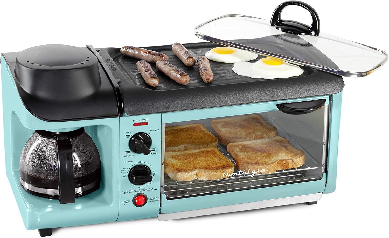 Nostalgia Electrics Retro 3-in-1 Family Size Griddle Aqua: Breakfast Station with Coffee Maker & Toaster, Ceramic Surface