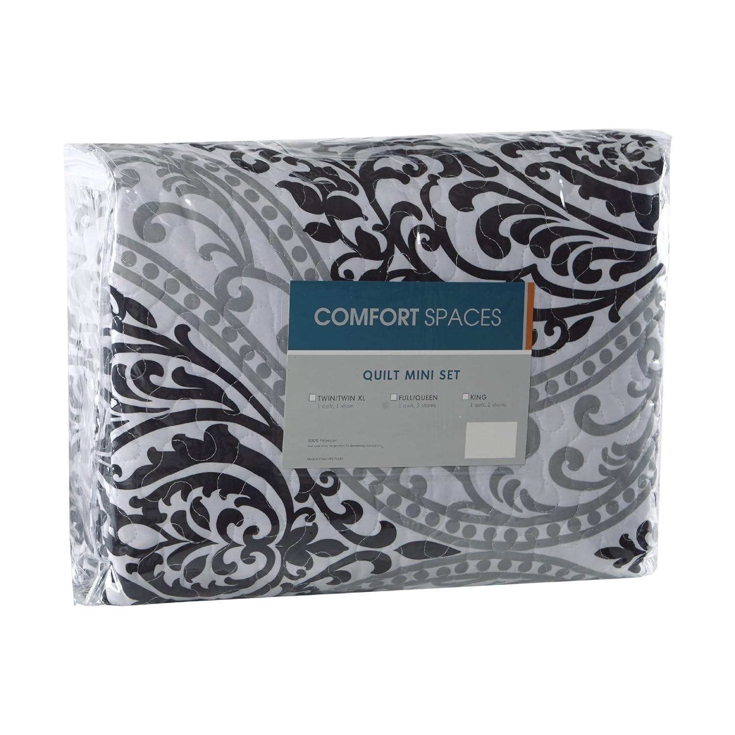 Comfort Spaces Coco 3 Piece Black and White Damask Coverlet Set, Queen | Lightweight Summer
