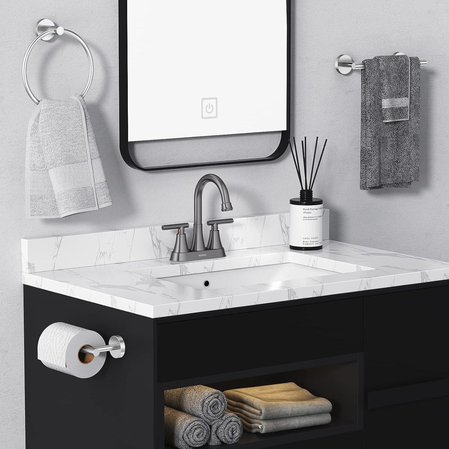 4 Inch Bathroom Faucets for Sink 3 Hole, Faucet for Bathroom Sink with Pop-up Drain & Supply Hoses, 2-Handle 360 Swivel Spout Stainless Steel Lead-Free, Centerset Faucet for Vanity Lavatory