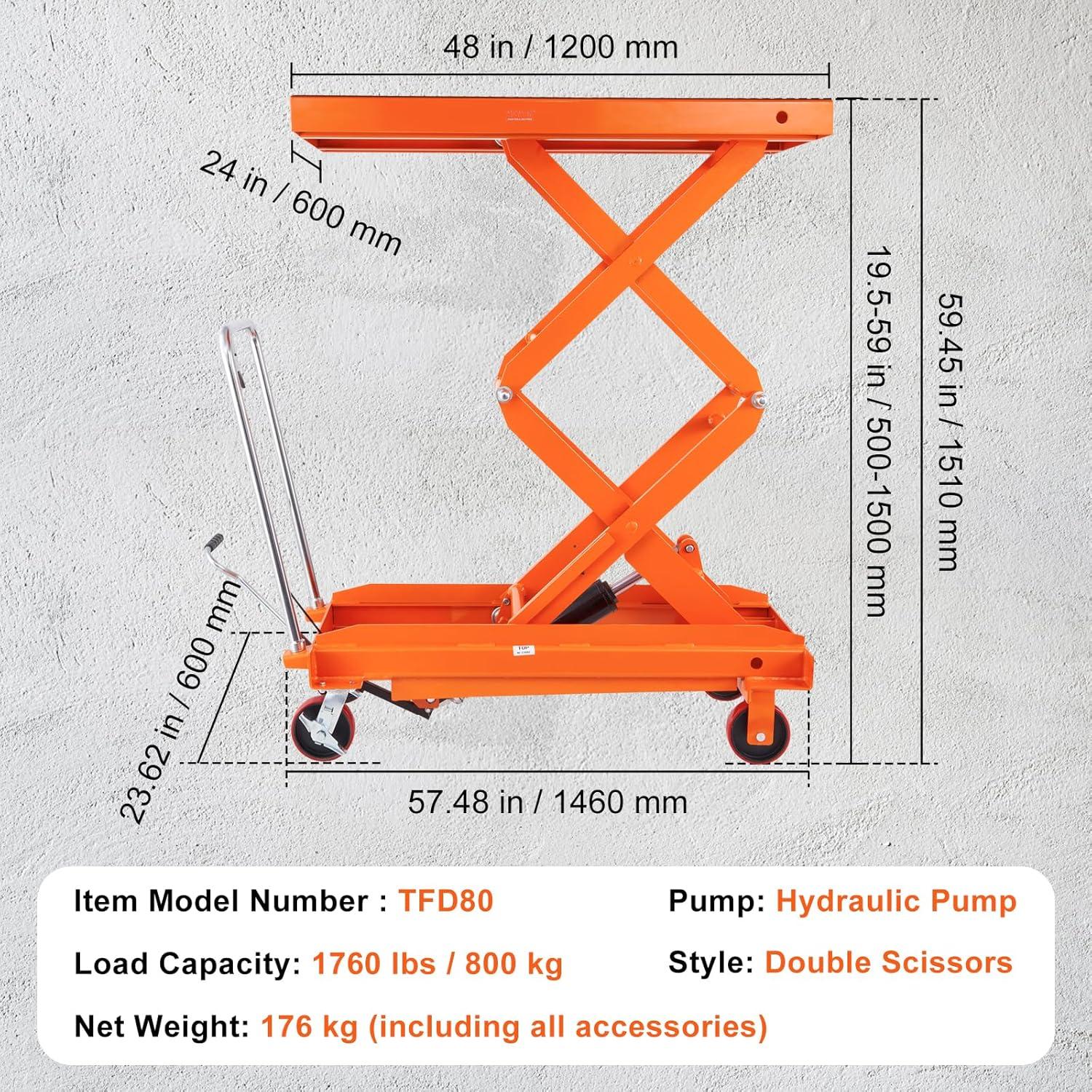 VEVOR Orange Hydraulic Lift Table Cart with Non-Slip Pad