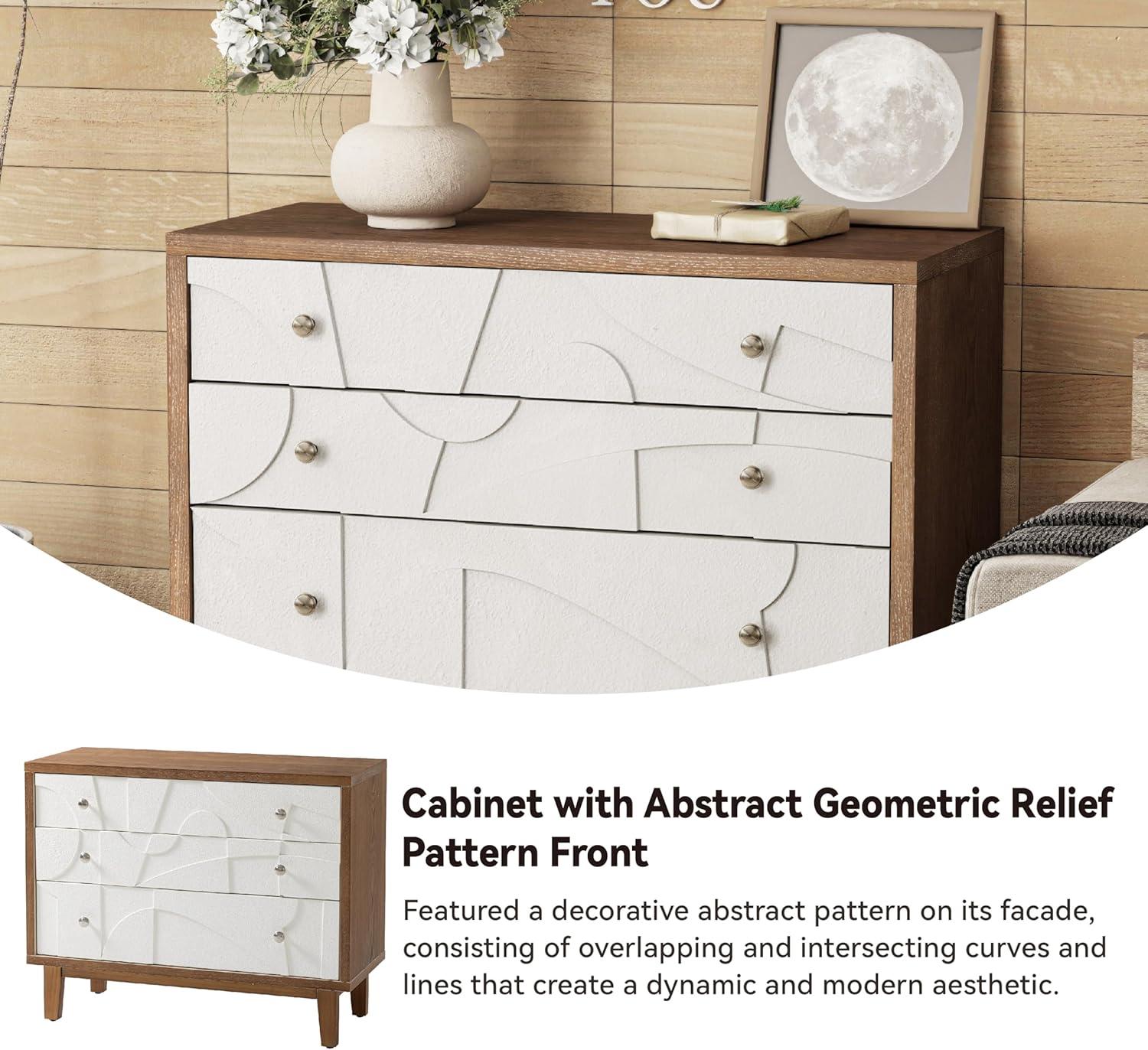 COZAYH Farmhouse 3-Drawer Dresser with Abstract Geometric Relief Pattern Front Wood Accent Chest of Drawers for Bedroom, Entryway, Living Room, Natural Wood & White