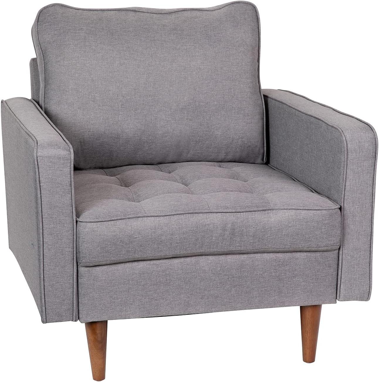 Flash Furniture Hudson Mid-Century Modern Commercial Grade Armchair with Tufted Faux Linen Upholstery & Solid Wood Legs in Slate Gray