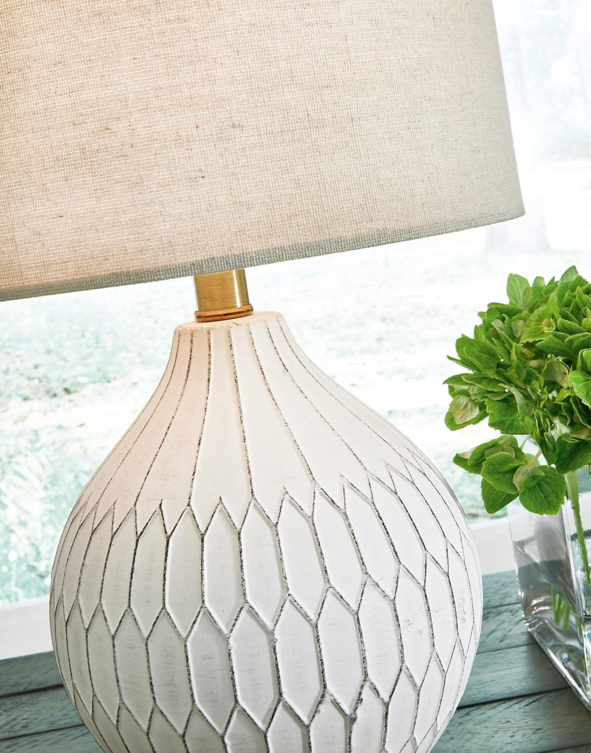 Wardmont Ceramic Table Lamp White - Signature Design by Ashley: Antique Finish, Drum Shade, UL Listed