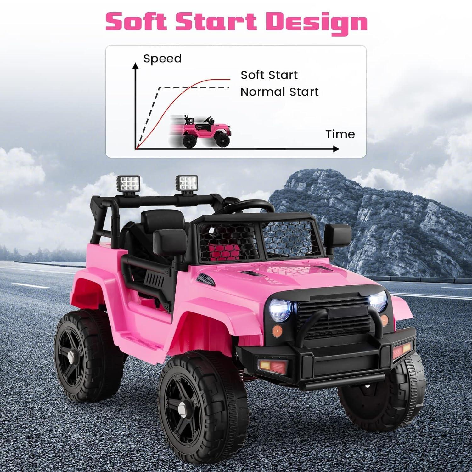 NEILA 12V Kids Ride On Jeep Car Truck Vehicles for Kids Electric Toys Cars with Remote Control Spring Suspension, LED Lights, Bluetooth, 2 Speeds （Pink）