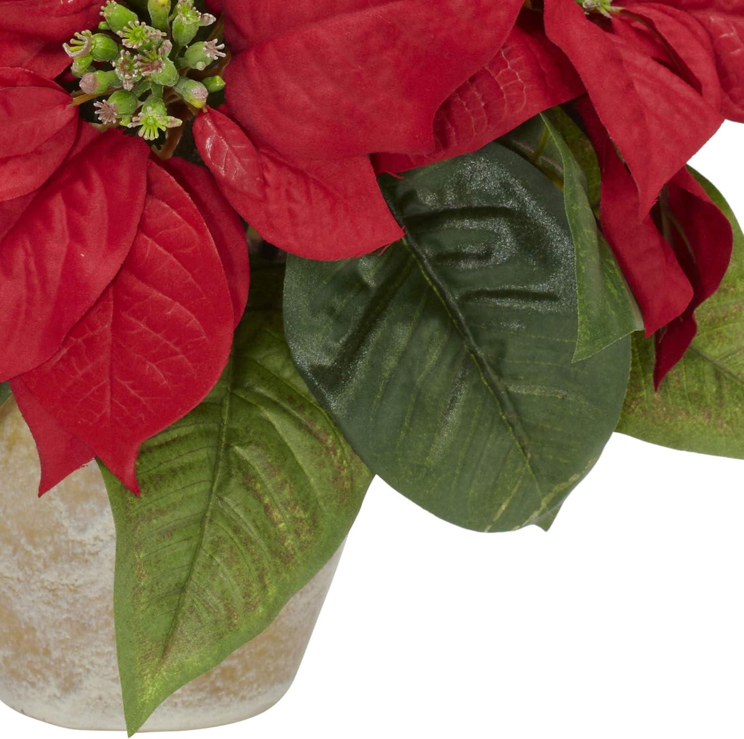 Nearly Natural 13" Artificial Poinsettia With Ceramic Vase Artificial Plant, Red