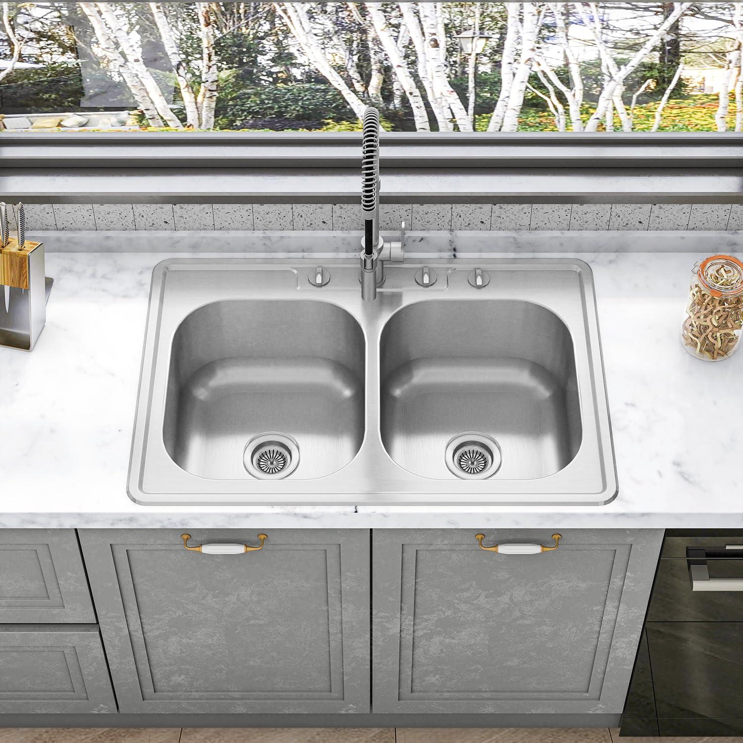 Sinber 33" x 22" Drop In Double Bowl Kitchen Sink with 18 Gauge 304 Stainless Steel Satin Finish
